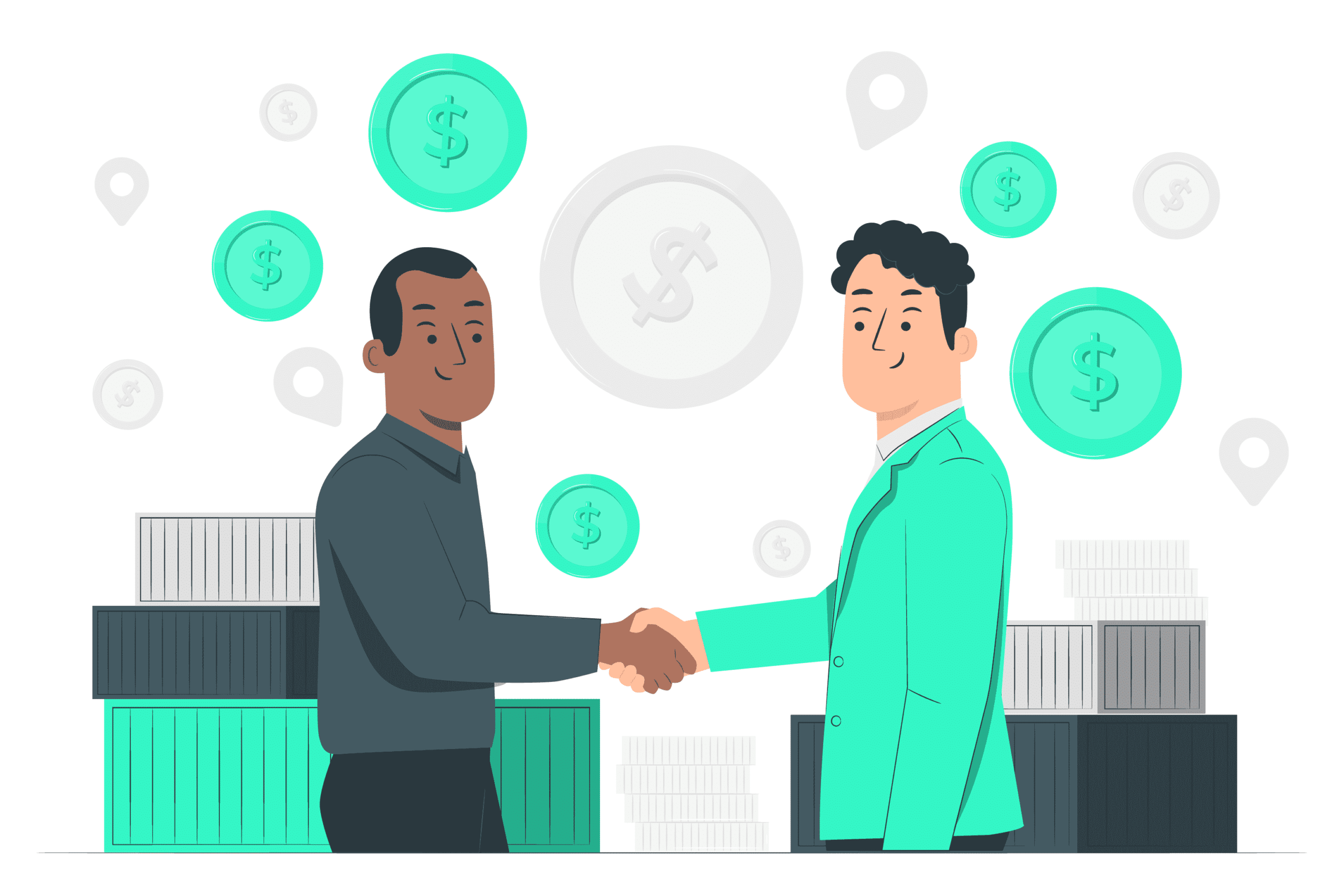 two businessmen shaking hands surrounded by coins