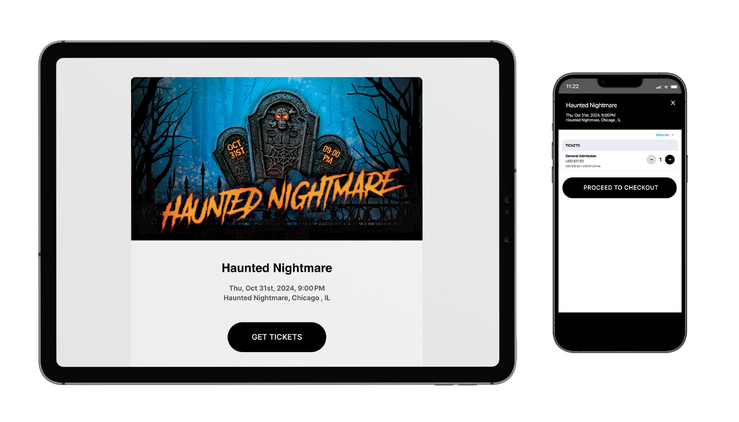 An event mockup of Haunted Nightmare on a tablet and mobile phone