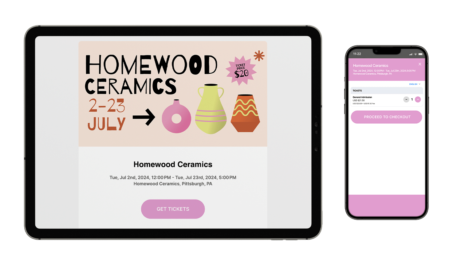 An event mockup of Homewood Ceramics on a tablet and mobile phone