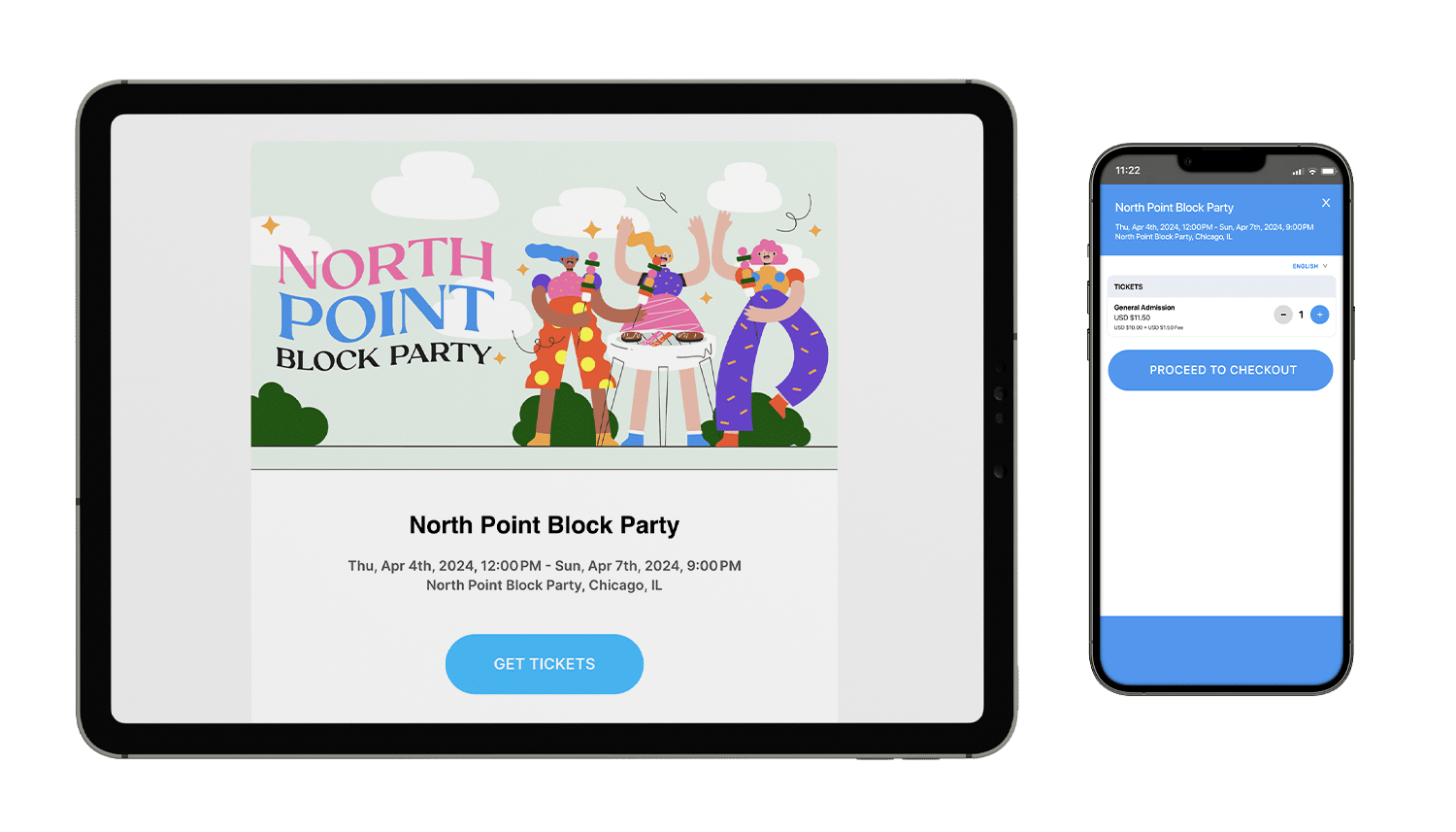 An event mockup of North Point Block Party on a tablet and mobile phone