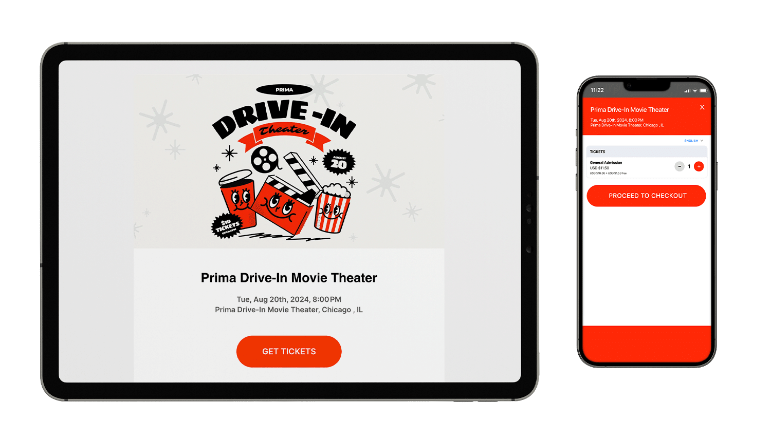 An event mockup of Prima Drive-In Movie Theater on a tablet and mobile phone