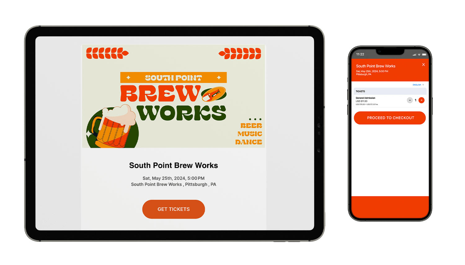 An event mockup of SouthPoint Brew Works on a tablet and mobile phone
