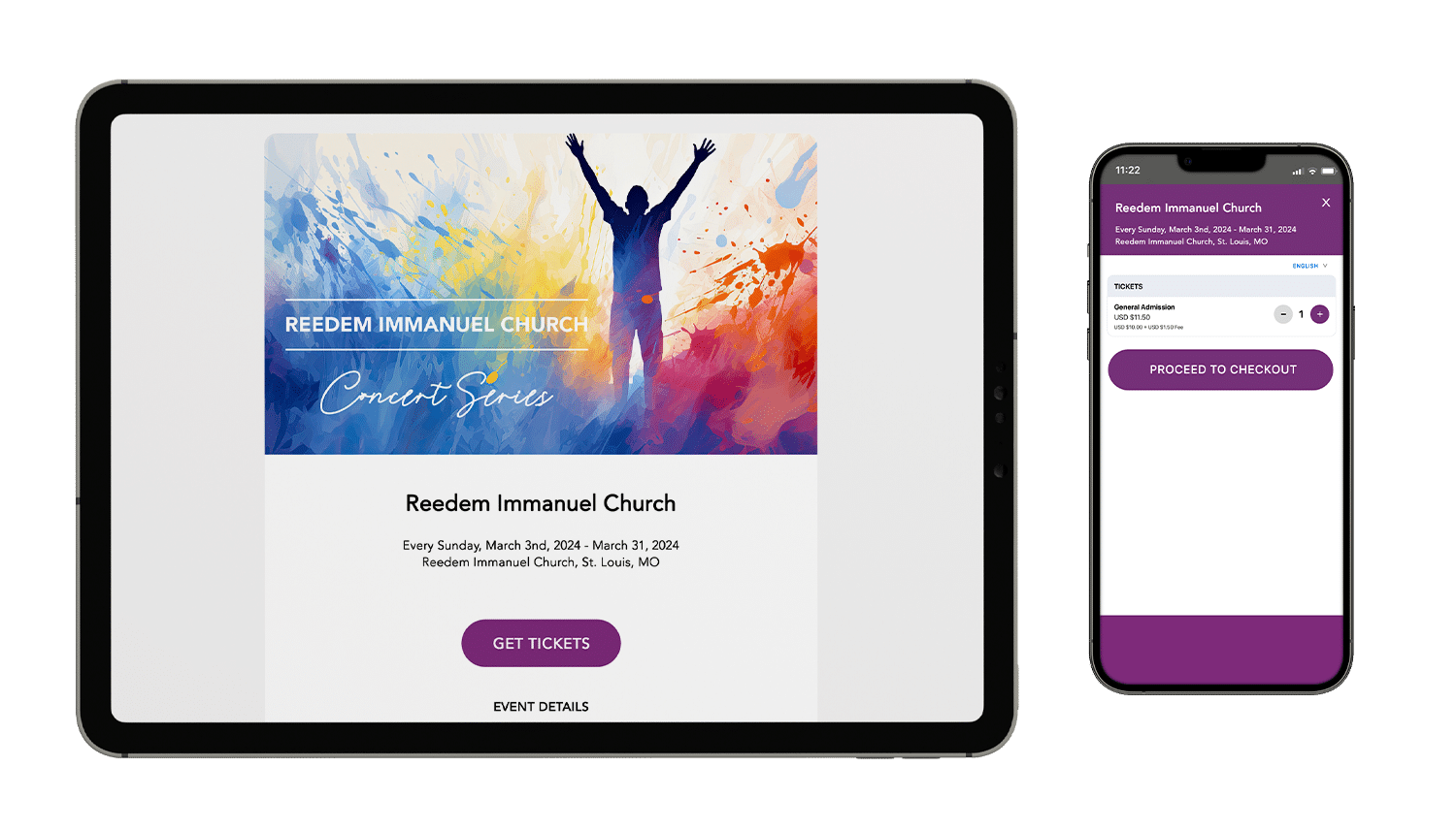 An event mockup of Reedem Immanuel Church on a tablet and mobile phone