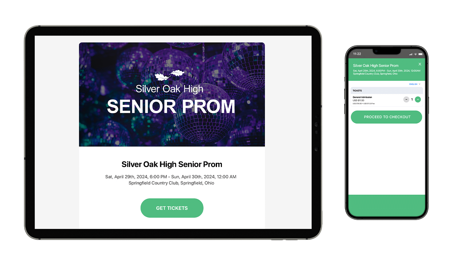 An event mockup of Silver Oak High Senior Prom on a tablet and mobile phone