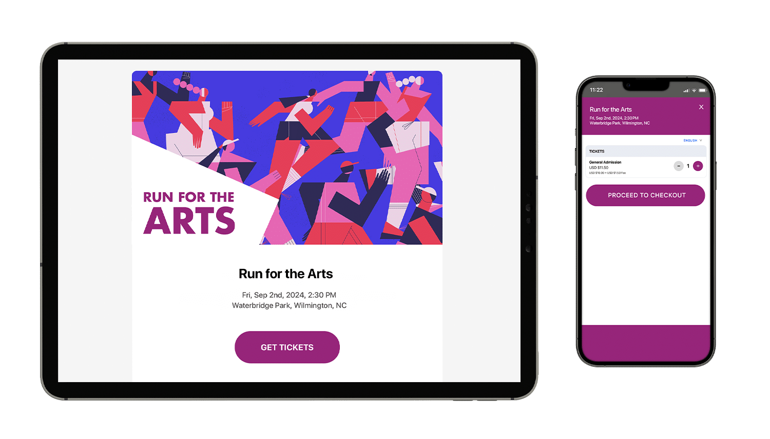 An event mockup of Run For the Arts on a tablet and mobile phone