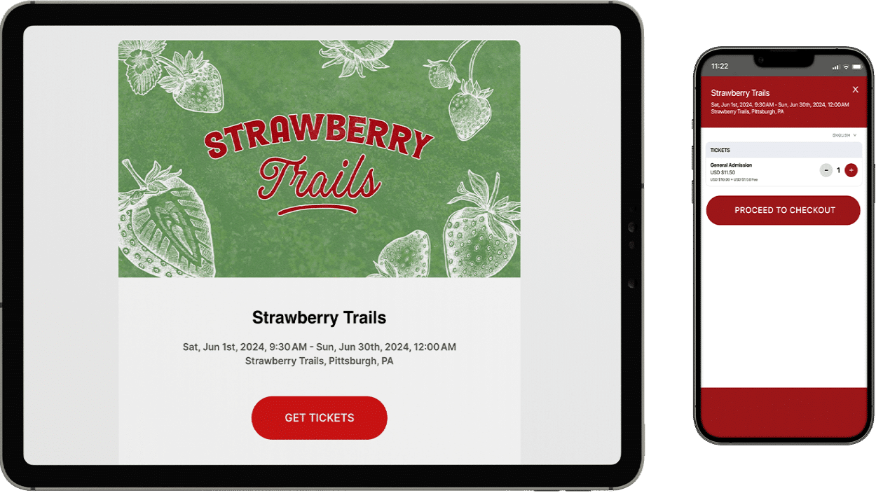 An event mockup of Strawberry Trails on a tablet and mobile phone