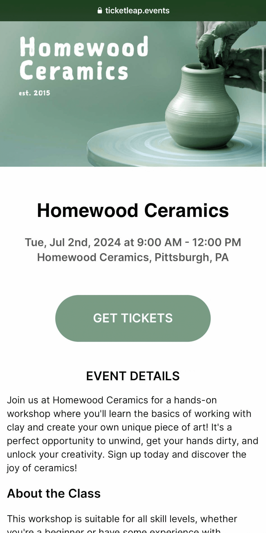 The mobile event page design for a pottery event landing page example