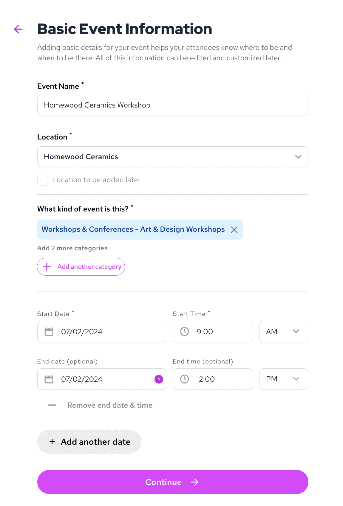 Screenshot of the signup form for creating event landing pages on TicketLeap