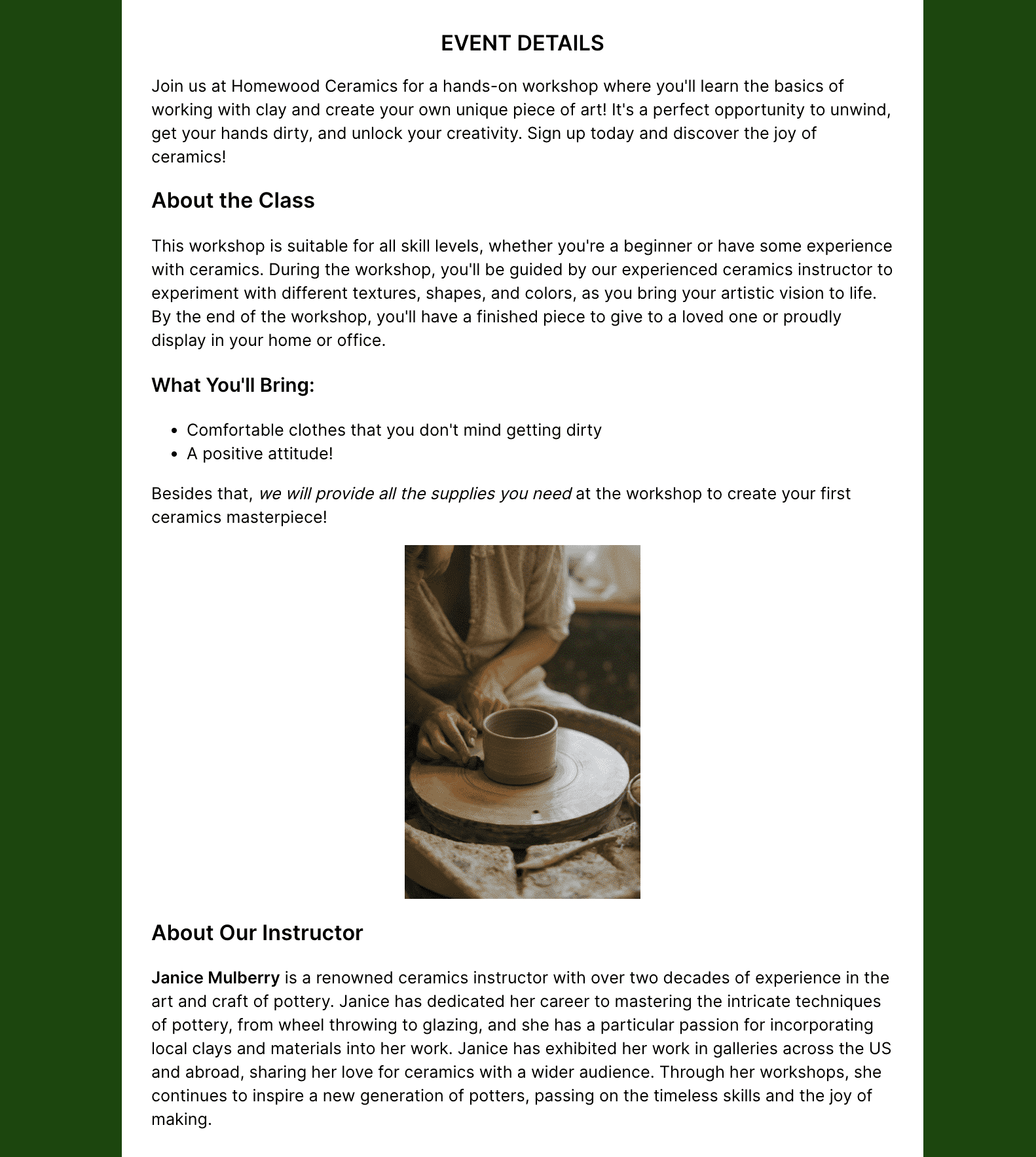 The description section of an event registration landing page including an image of a woman making pottery