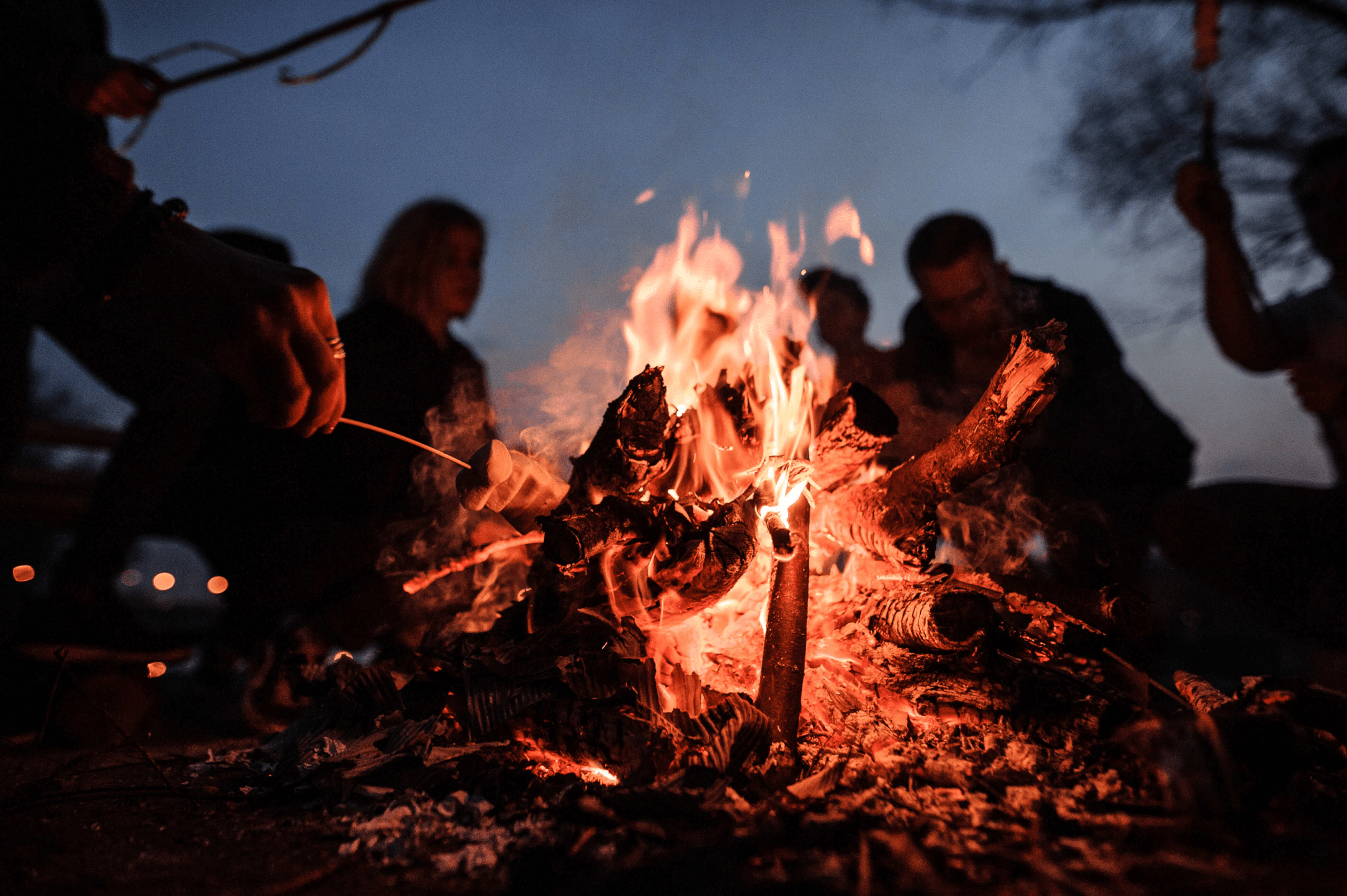 Silhouettes of people around a roaring bonfire at nighttime