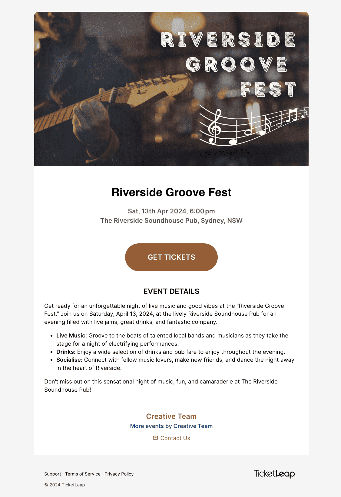 A great event landing page for a a music festival featuring an image of someone playing guitar