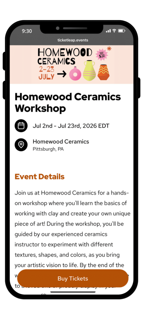 The mobile event page design for a pottery event landing page example