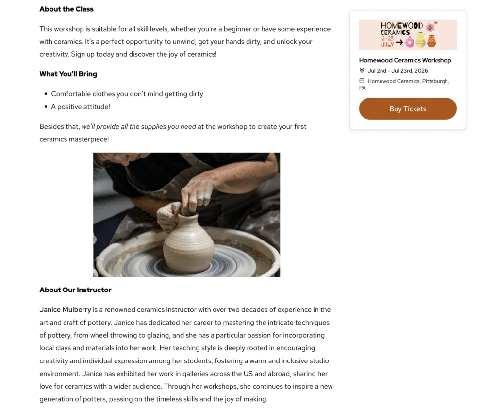 The description section of an event registration landing page including an image of a woman making pottery