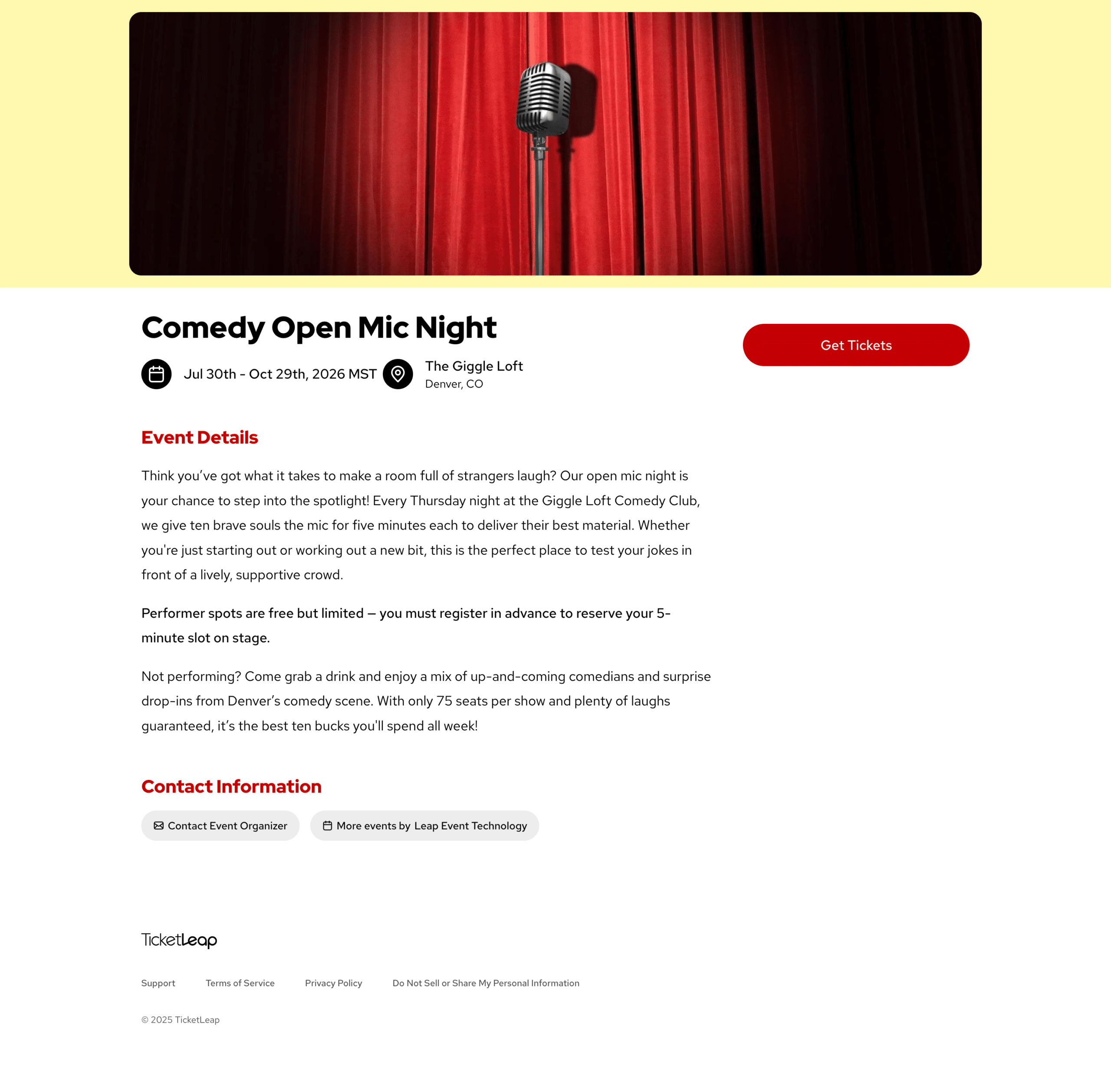 event ticketing page example on TicketLeap for a comedy club