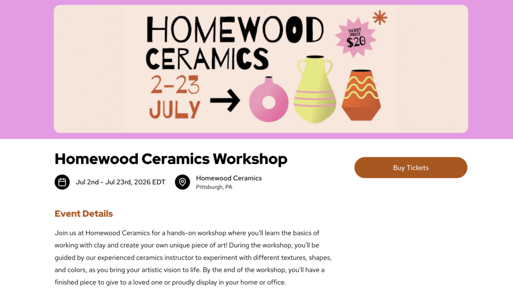The title, call-to-action button, and header image of the main event landing page example