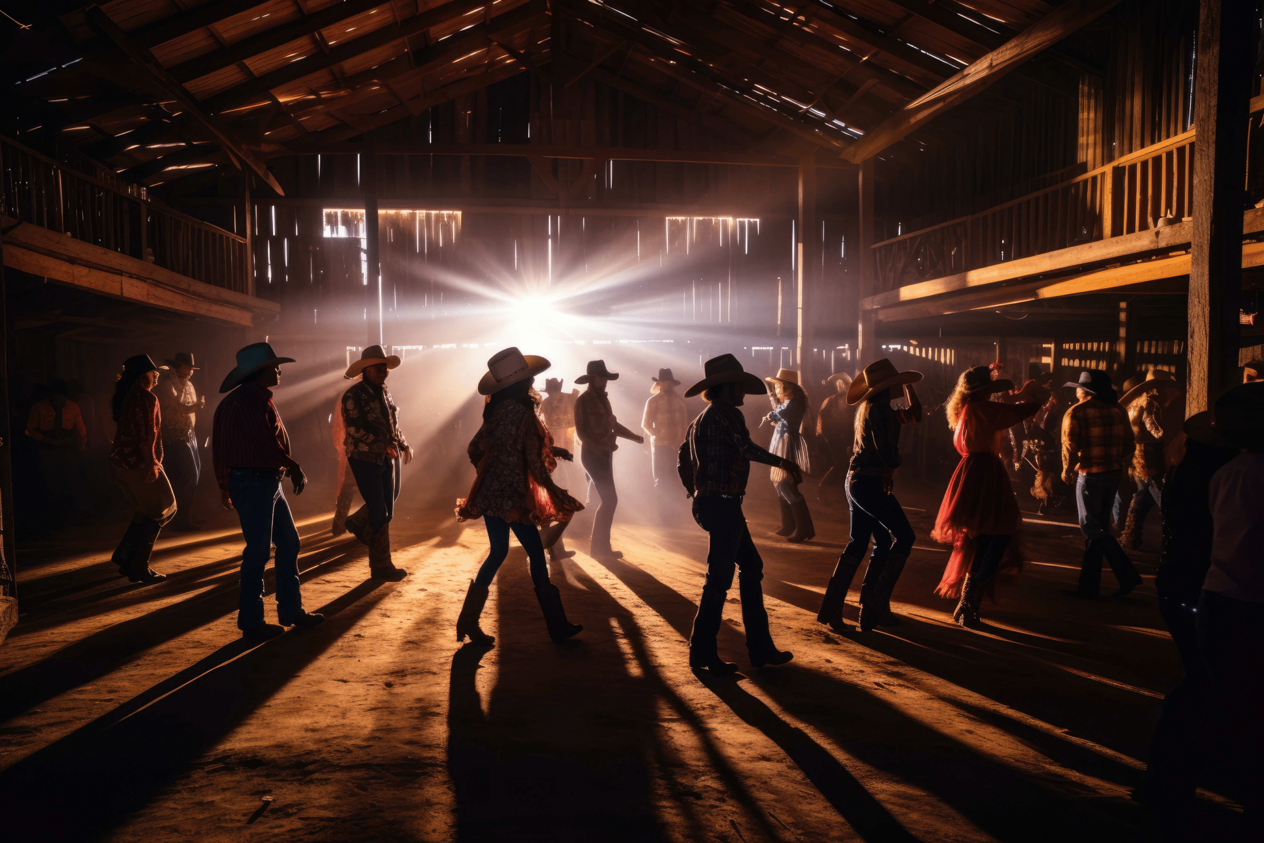 group of people line dancing in a barn while wearing cowboy hats