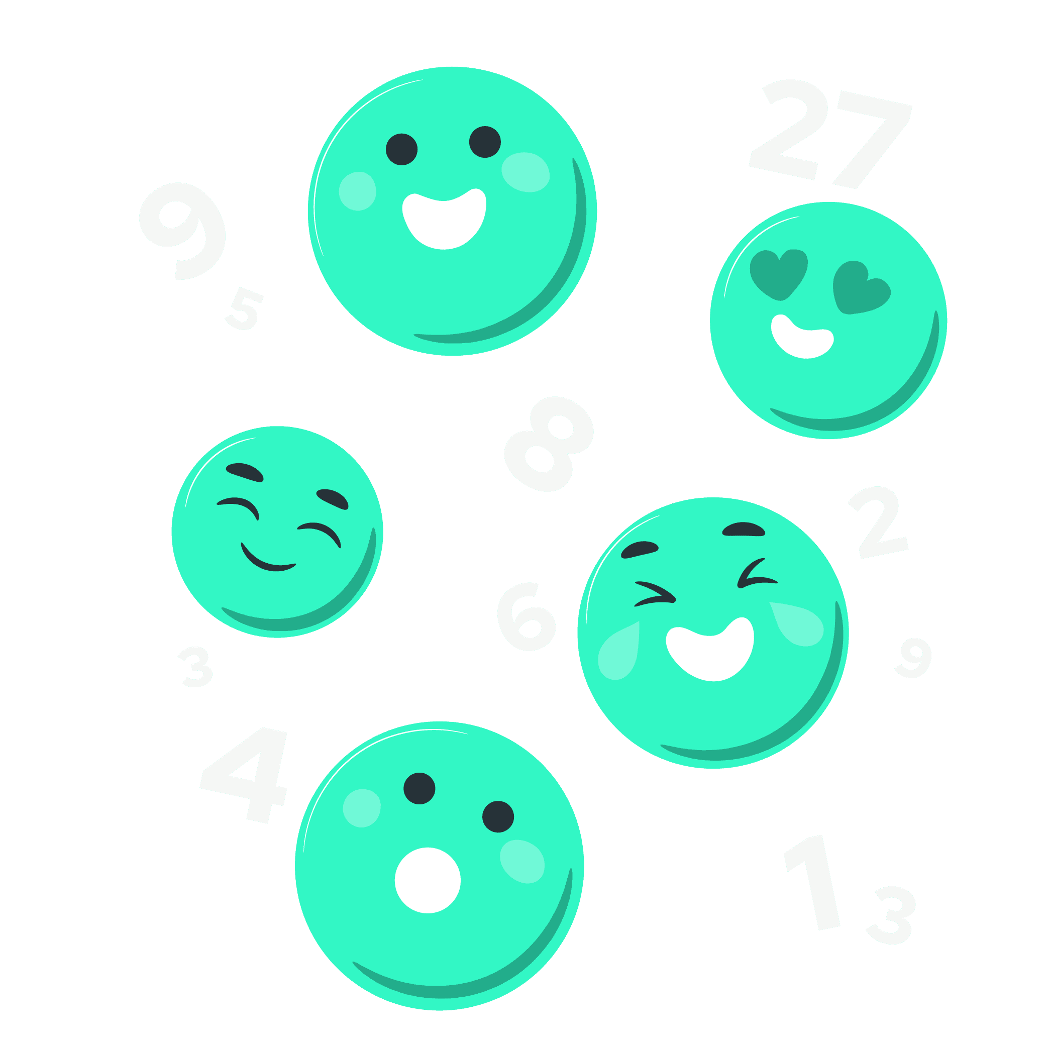 five green emojis swirling around, with smiley faces and excited faces