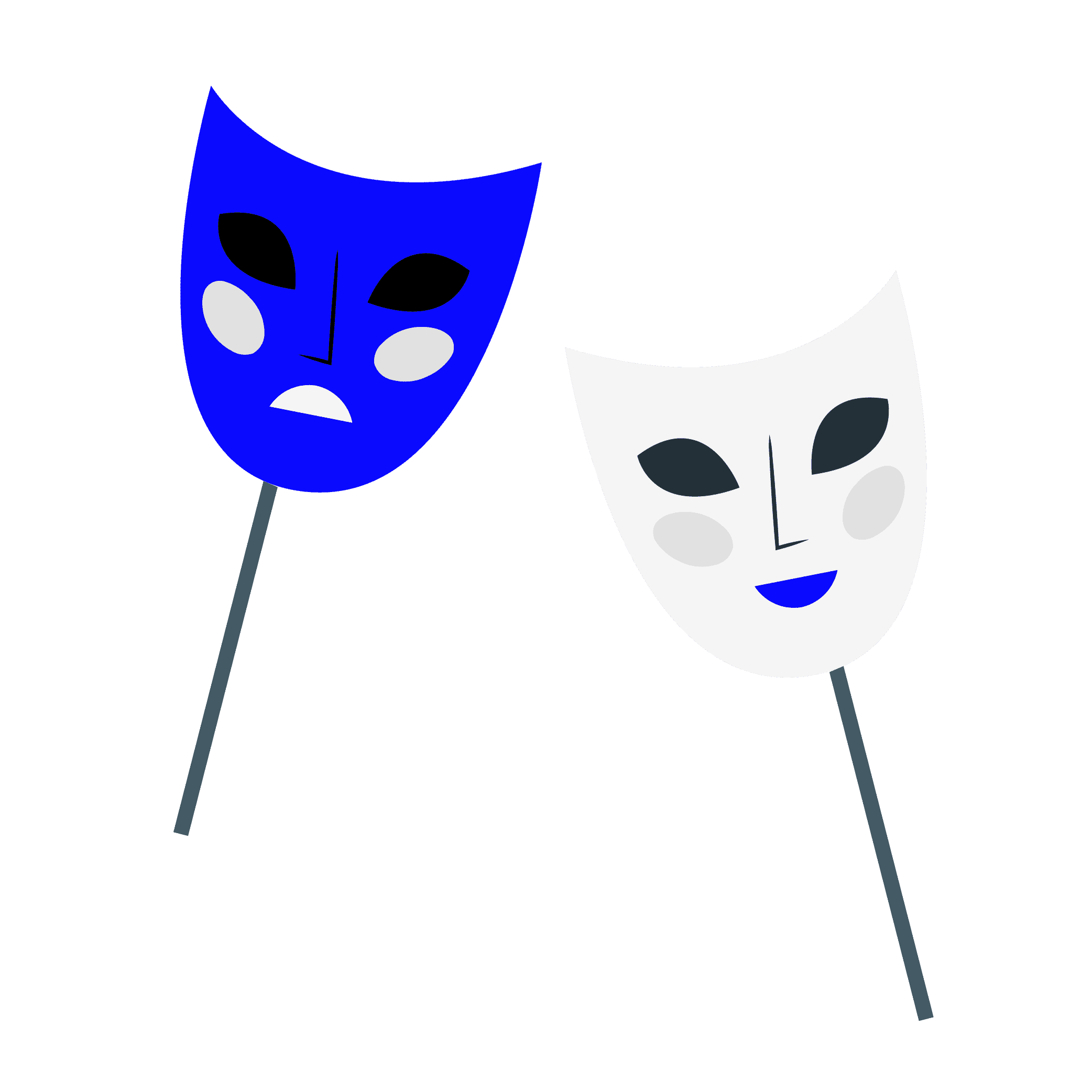 two theater masks, one sad blue mask and one happy white mask