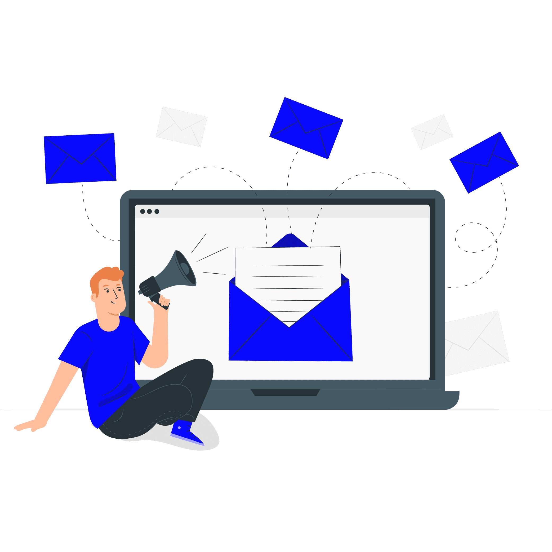 guy in royal blue t-shirt holding a megaphone next to a laptop with an email pulled up and envelopes flying out of the screen