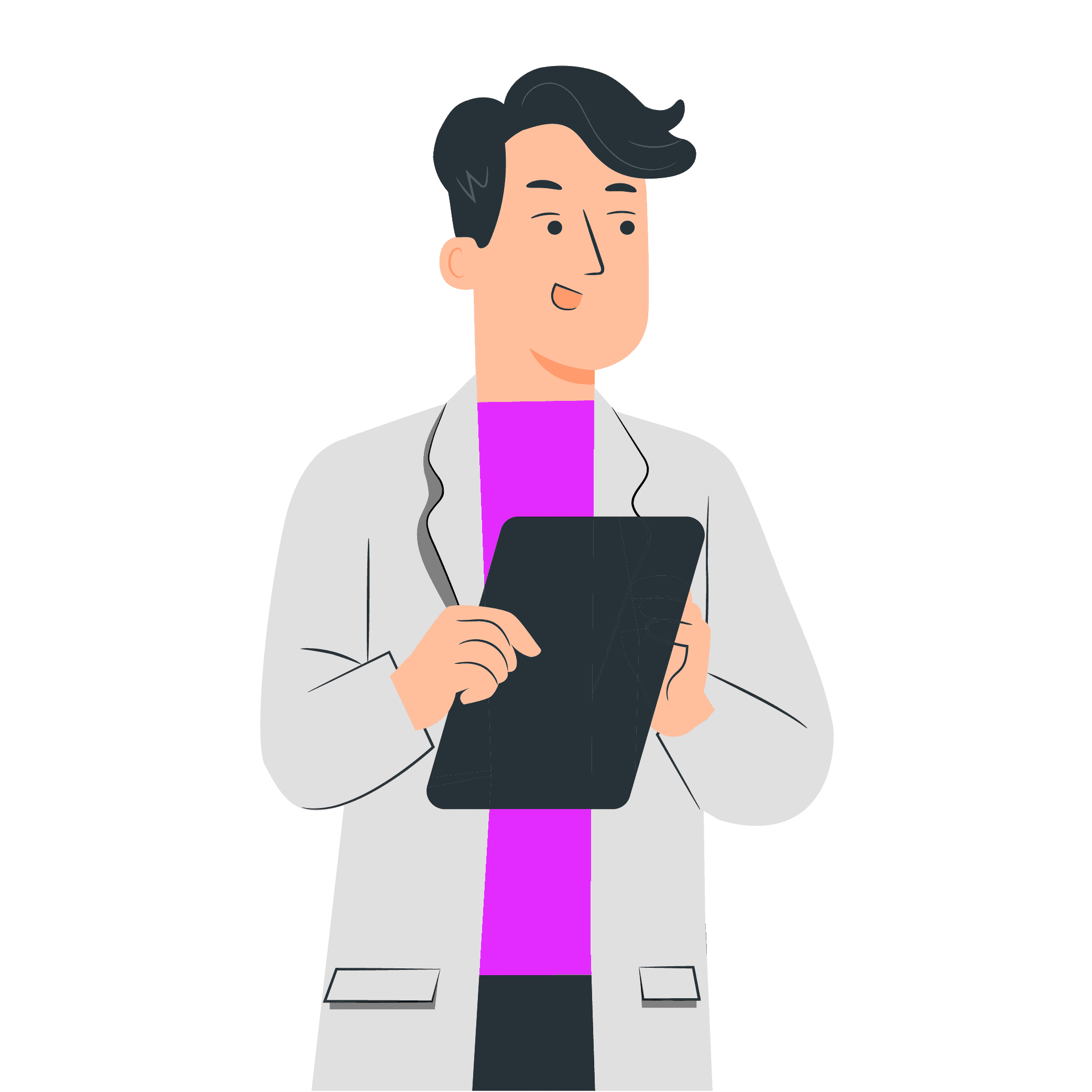 guy in a lab coat holding a clipboard
