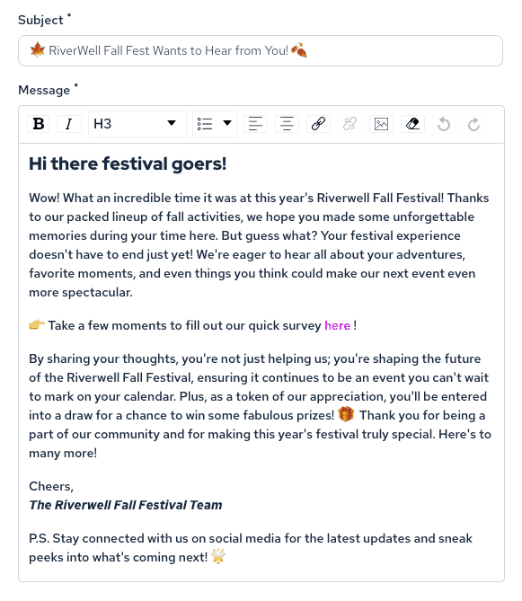 Email example in TicketLeap for a fall festival