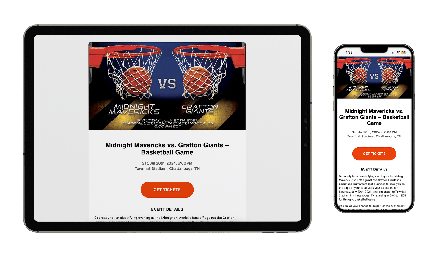 A preview of an event listing on a tablet and mobile device that says "Midnight Mavericks vs. Grafton Giants"