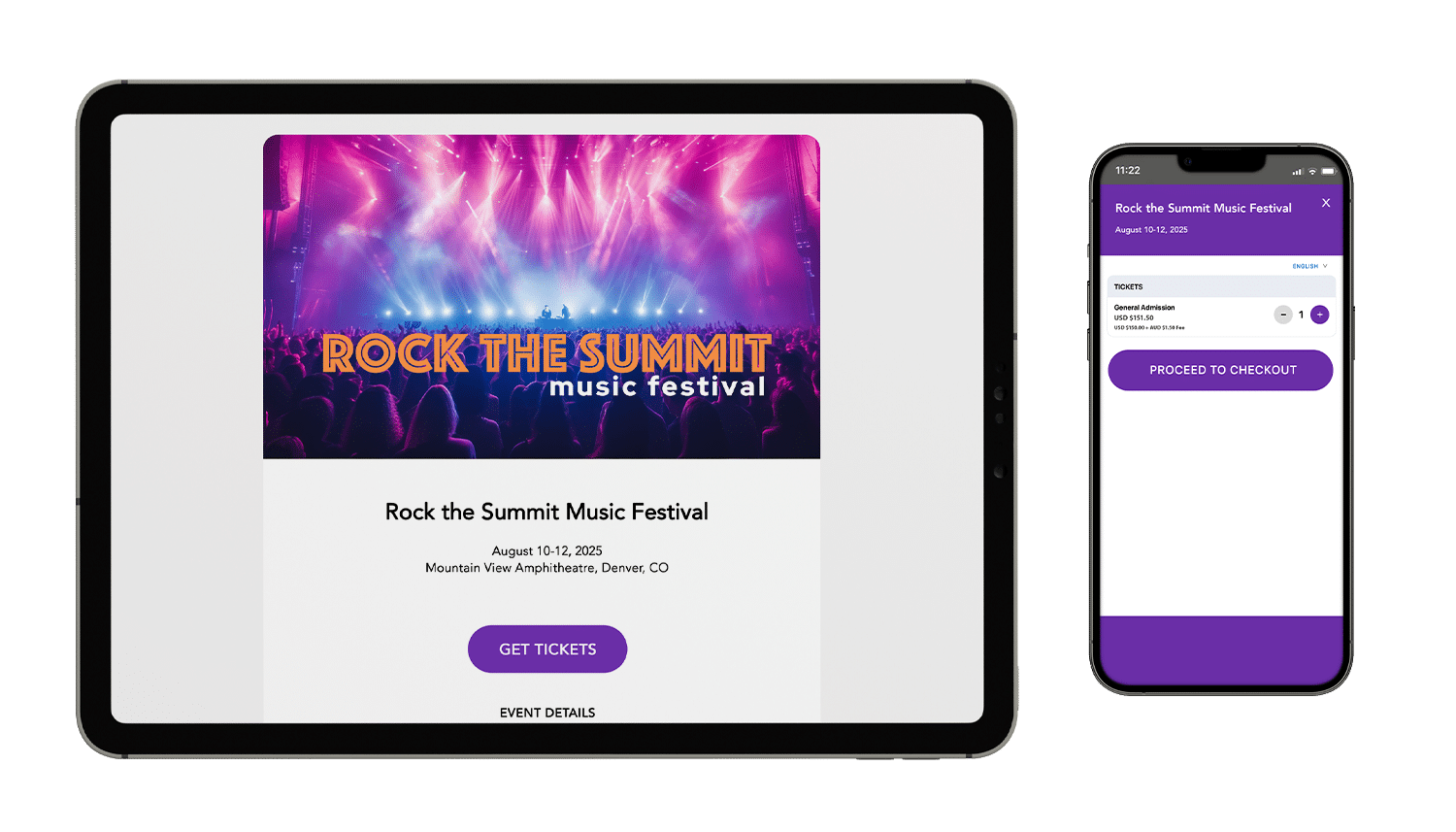 A mockup event of Rock The Summit Music Festival on a tablet and mobile phone
