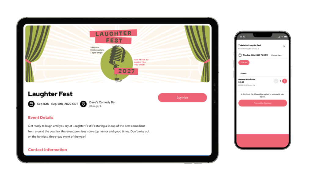 An event mockup of Laughter Fest on a tablet and smartphone