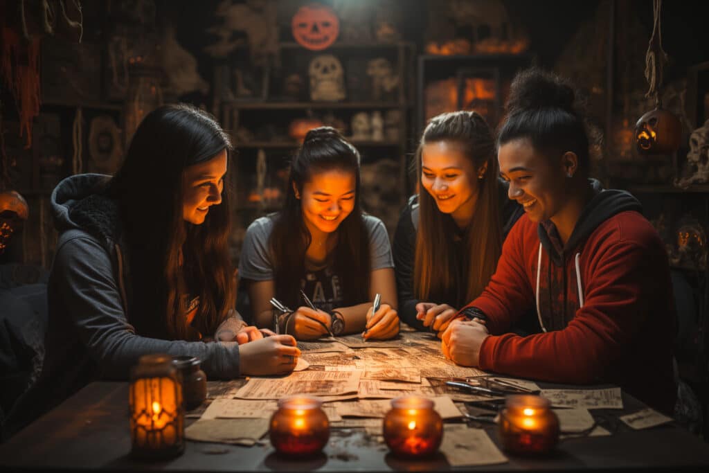 a group of friends doing a halloween activity on a dimly lit table 