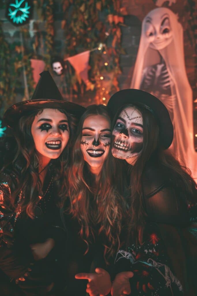 Friends enjoy a halloween photo booth session, dressed in spooky costumes with face paint. the background features festive halloween decorations like witch hats, ghost masks, and pumpkins, enhancing the fun, eerie atmosphere.