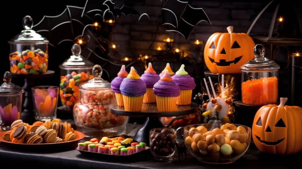 Halloween sweets. Table with festive sweets and desserts.