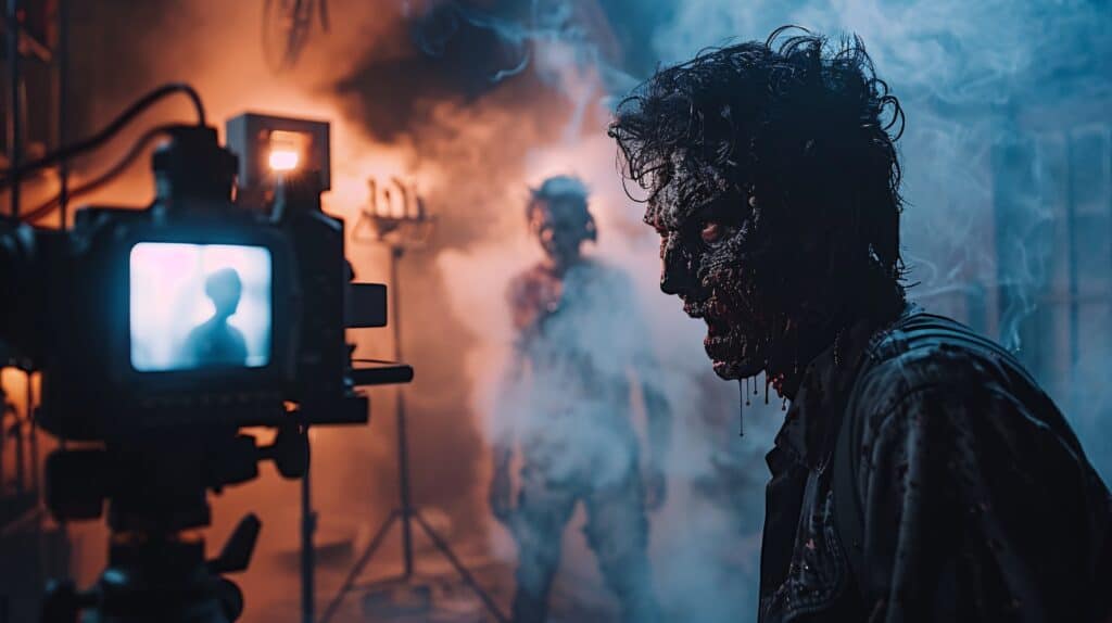a behind the scenes shot of a zombie film 