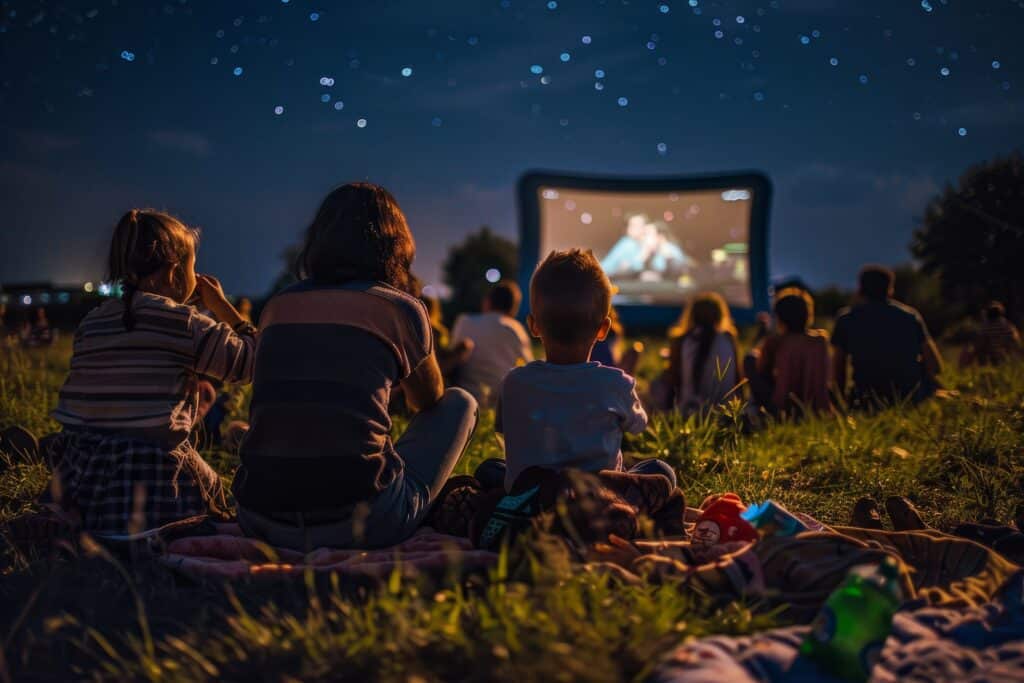 children sitting outside on a blanket on the grass watching a outdoor movie at night time 