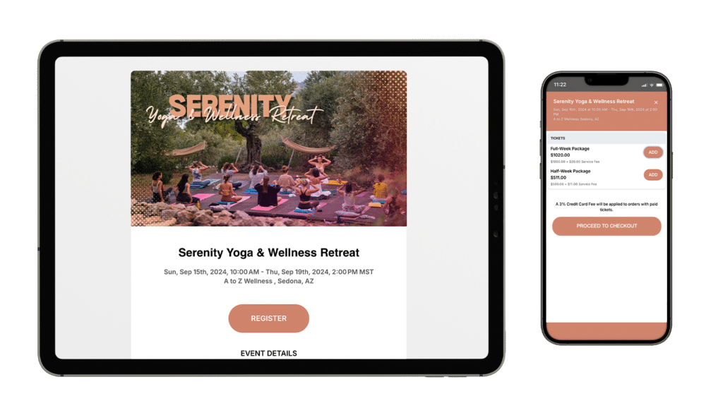 a fictitious TicketLeap event listing for a wellness retreat 