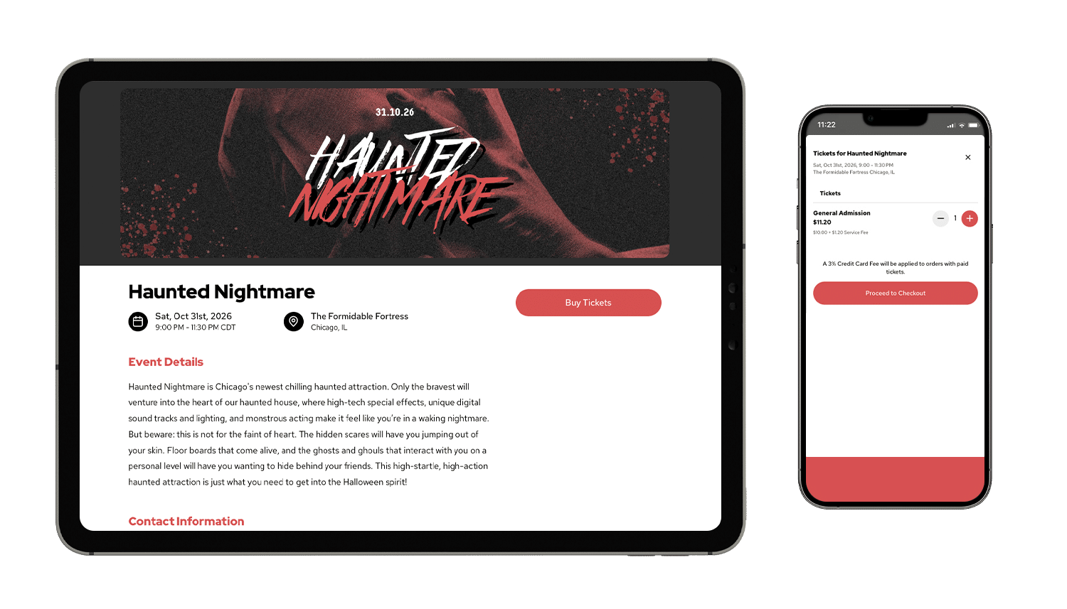 An event mockup of Haunted Nightmare on a tablet and smartphone