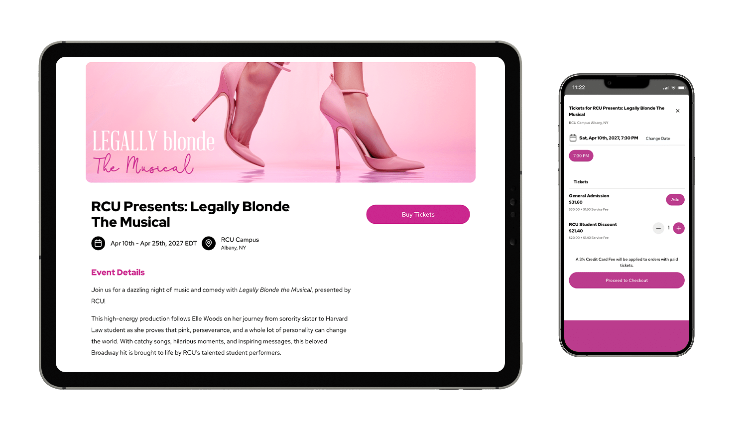 An event mockup of Legally Blonde The Musical on a tablet and smartphone
