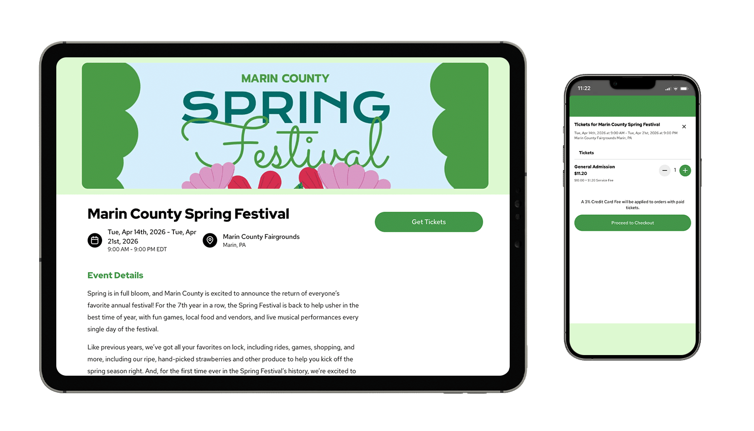 An event mockup of Marin County Spring Festival on a tablet and smartphone