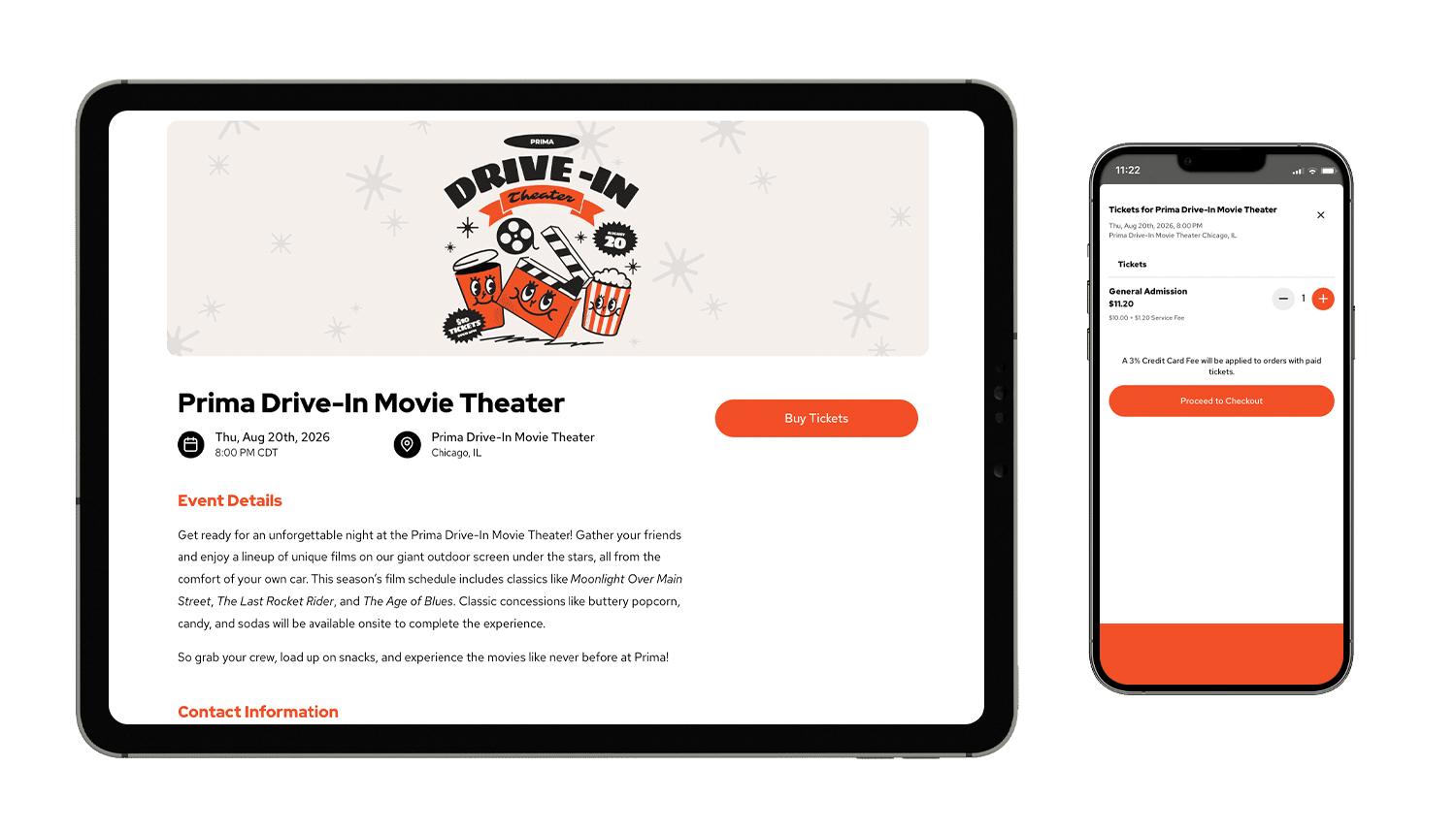 An event mockup of Prima Drive-In Movie Theater on a tablet and smartphone