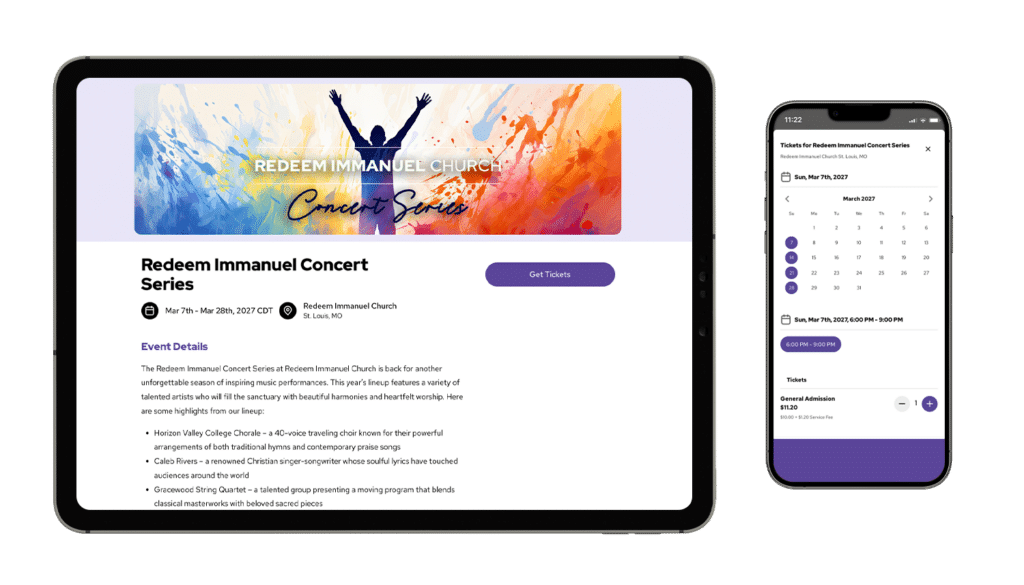 An event mockup of Redeem Immanuel Concert Series on a tablet and smartphone