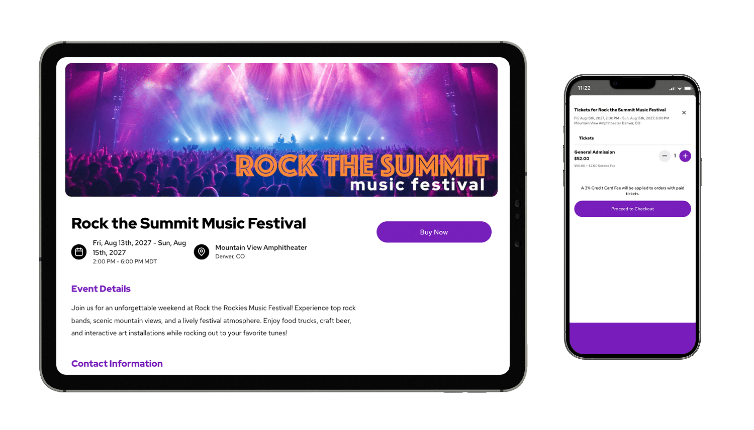 An event mockup of Rock the Summit Music Festival on a tablet and smartphone
