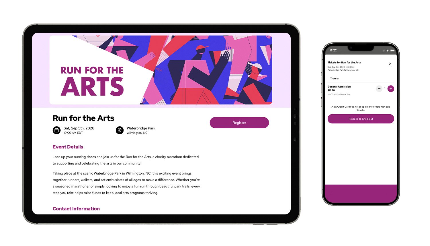 An event mockup of Run for the Arts on a tablet and smartphone