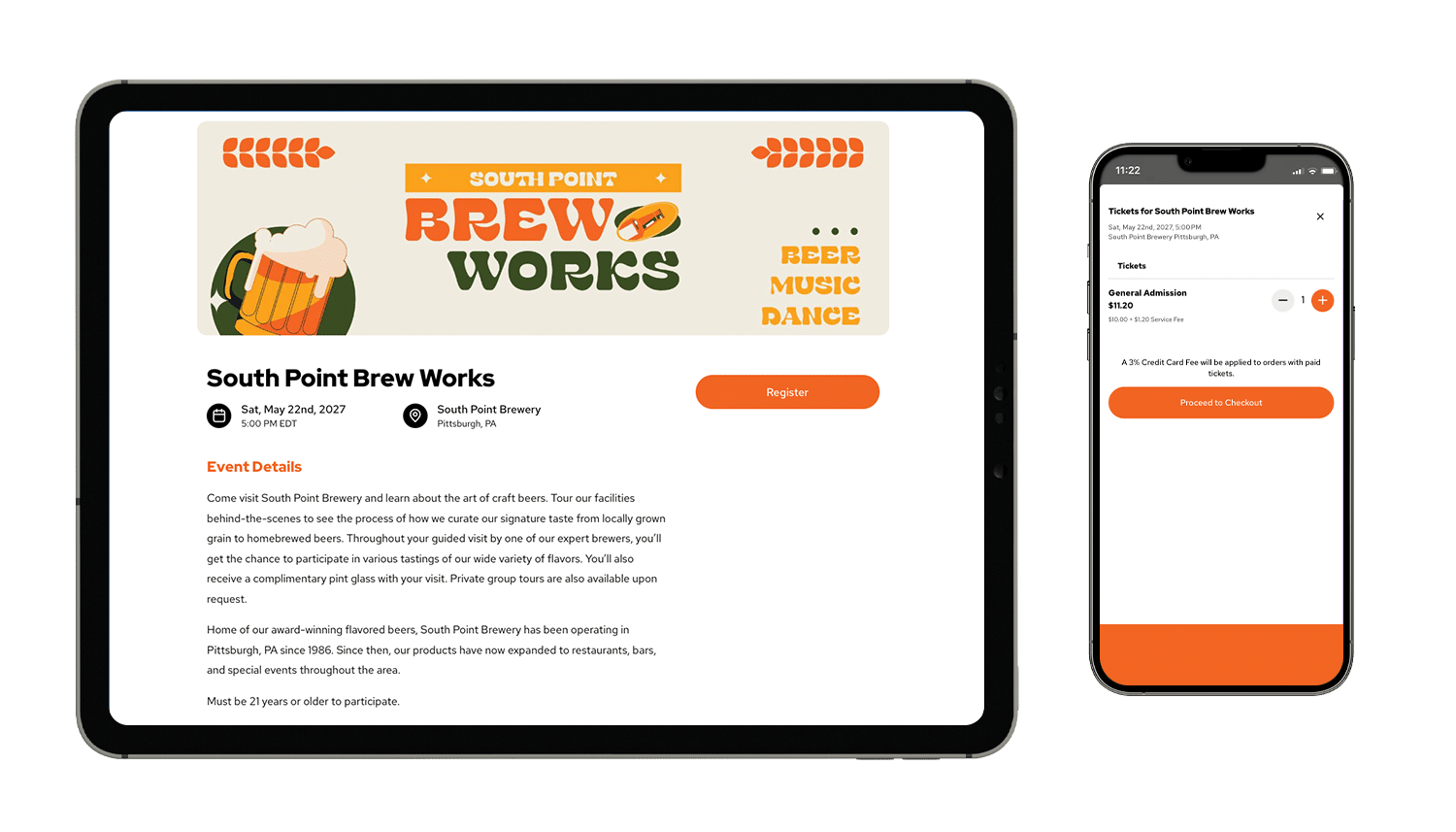 An event mockup of South Point Brew Works on a tablet and smartphone