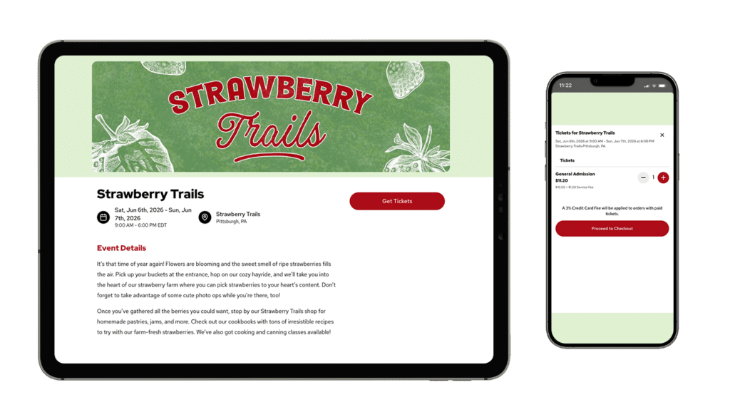 An event mockup of Strawberry Trails on a tablet and smartphone
