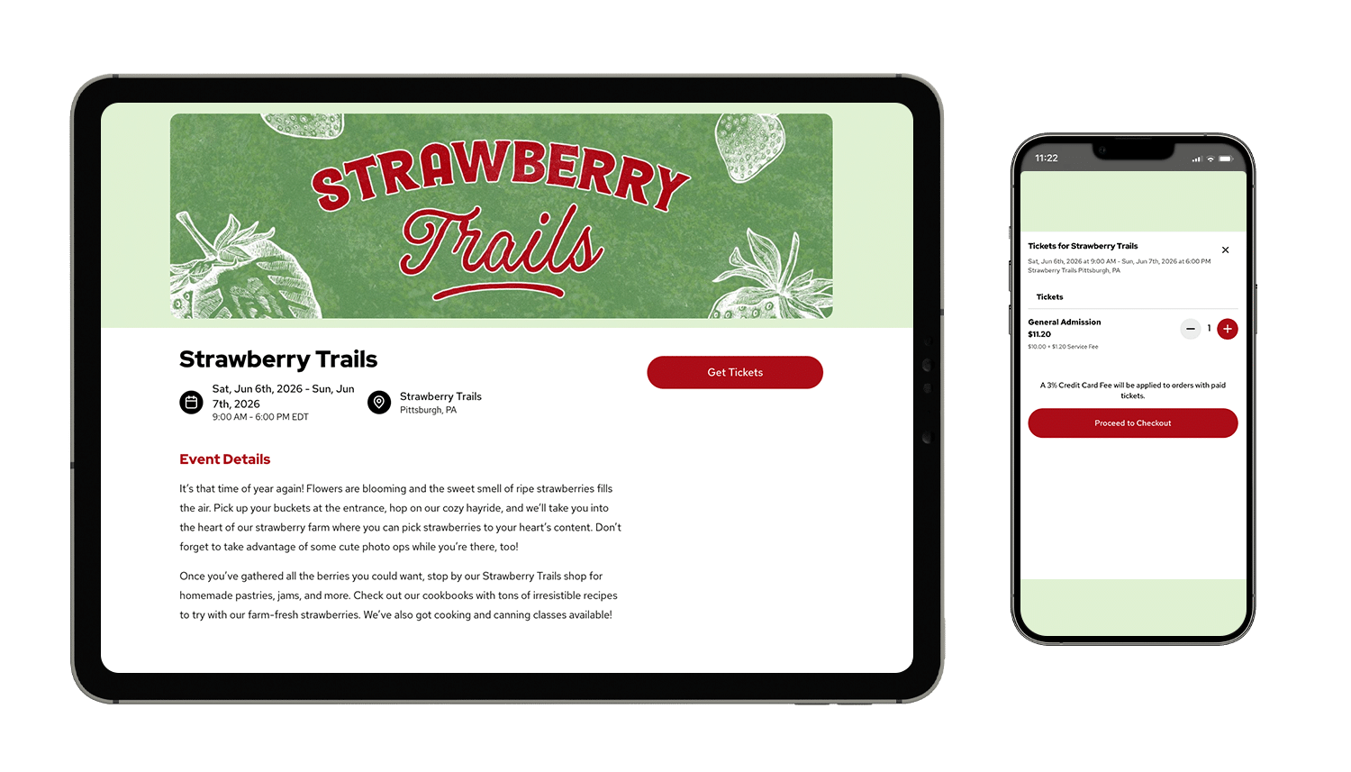 An event mockup of Strawberry Trails on a tablet and smartphone