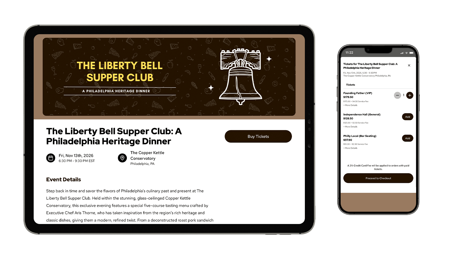 TL-US-Liberty-Bell-Supper-Club An event mockup of the Liberty Bell Supper Club on a tablet and smartphone