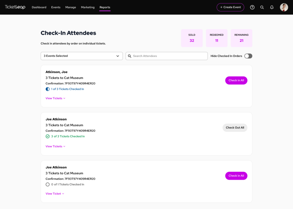 screenshot of check-in report in TicketLeap admin
