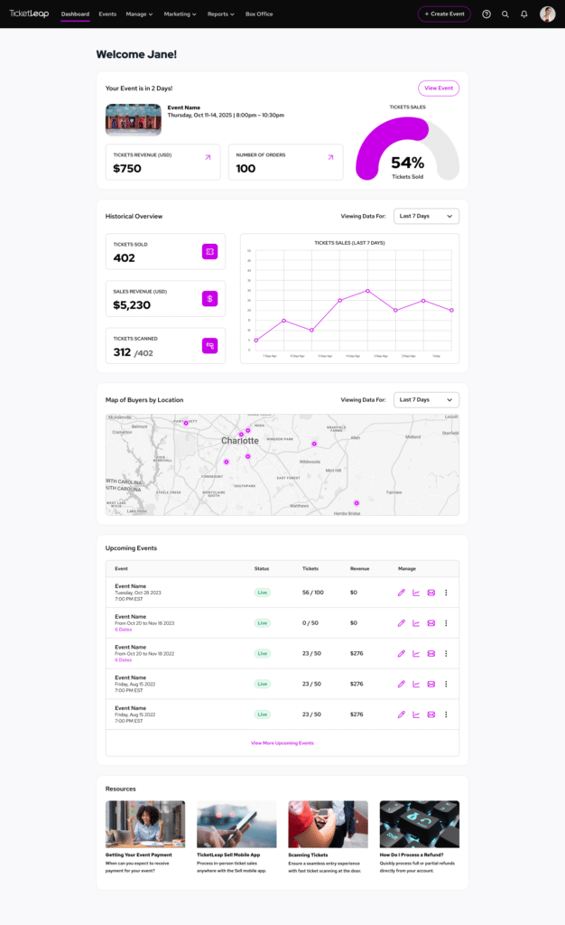 screenshot of organization dashboard in TicketLeap admin