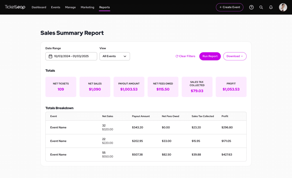screenshot of sales summary report in TicketLeap admin