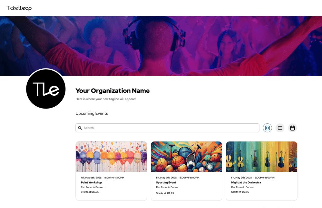 screenshot of event tagline on organization listing page in TicketLeap